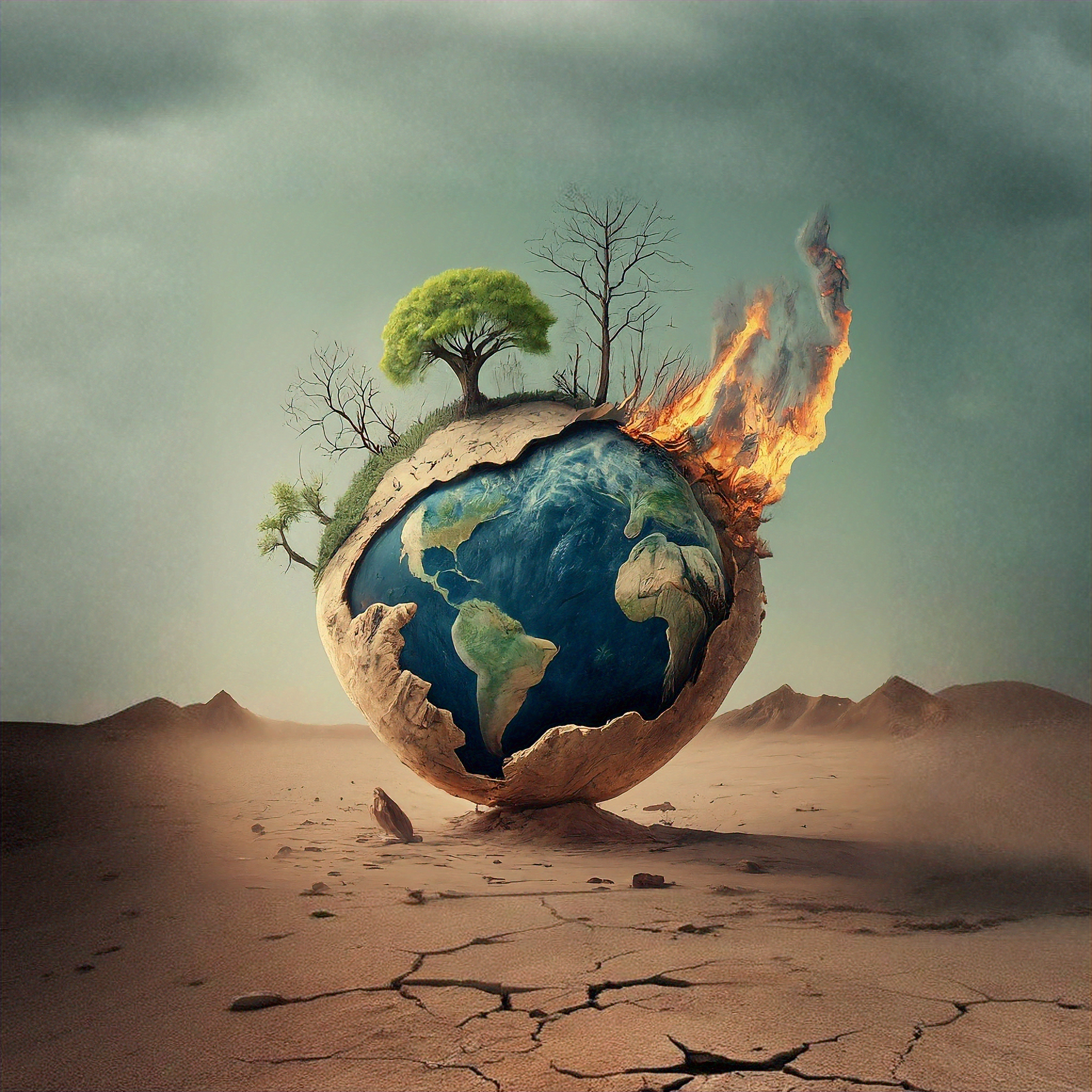 imagen del mundo en un paisaje desértico, quemándose. 