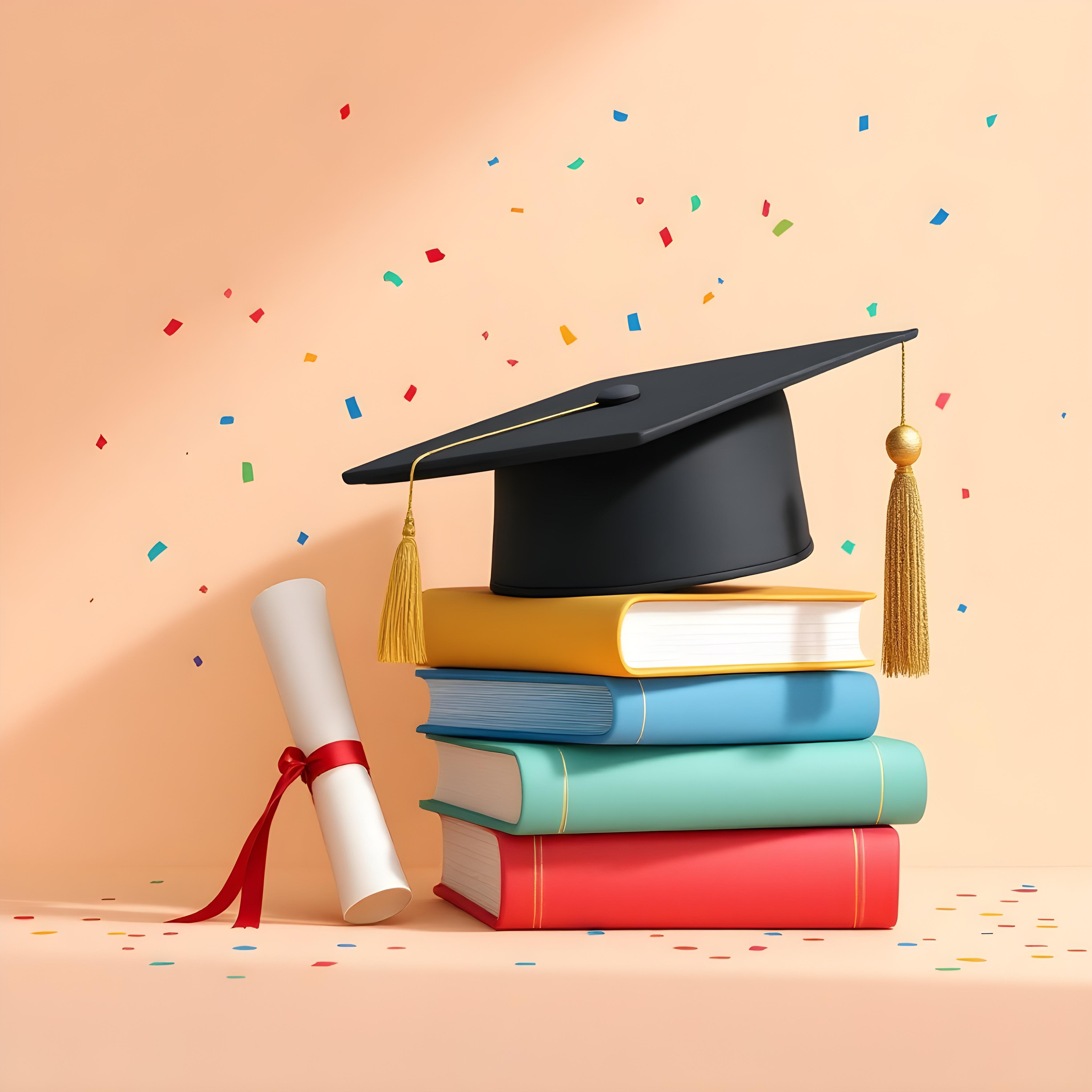 imagen de un gorro con birrete y libros que simulan la graduación de unos estudios