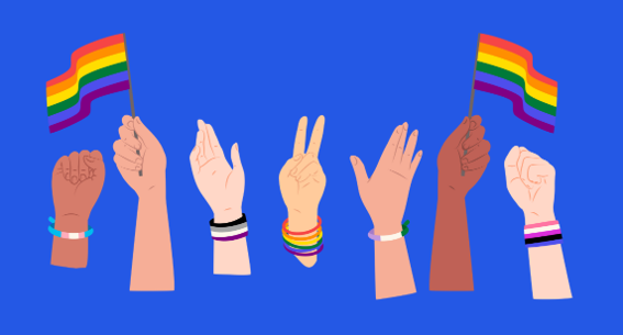 ILUSTRACION CON MANOS QUE REPRESENTA DIFERENTES IDENTIDADES LGTBI