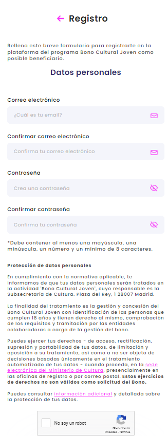Imagen de la pagina de registro del bono cultural