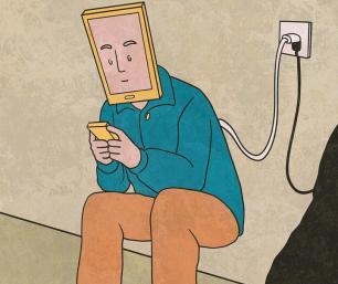 persona conectada a un enchufe que simula la adicción al móvil