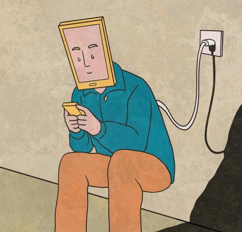 persona conectada a un enchufe que simula la adicción al móvil